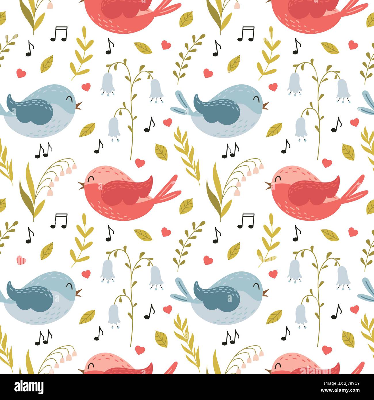 Seamless pattern with cute cartoon flying singing birds and spring flowers, lily of the valley, bluebell, herbs and twigs. For baby textiles. Color ve Stock Vector