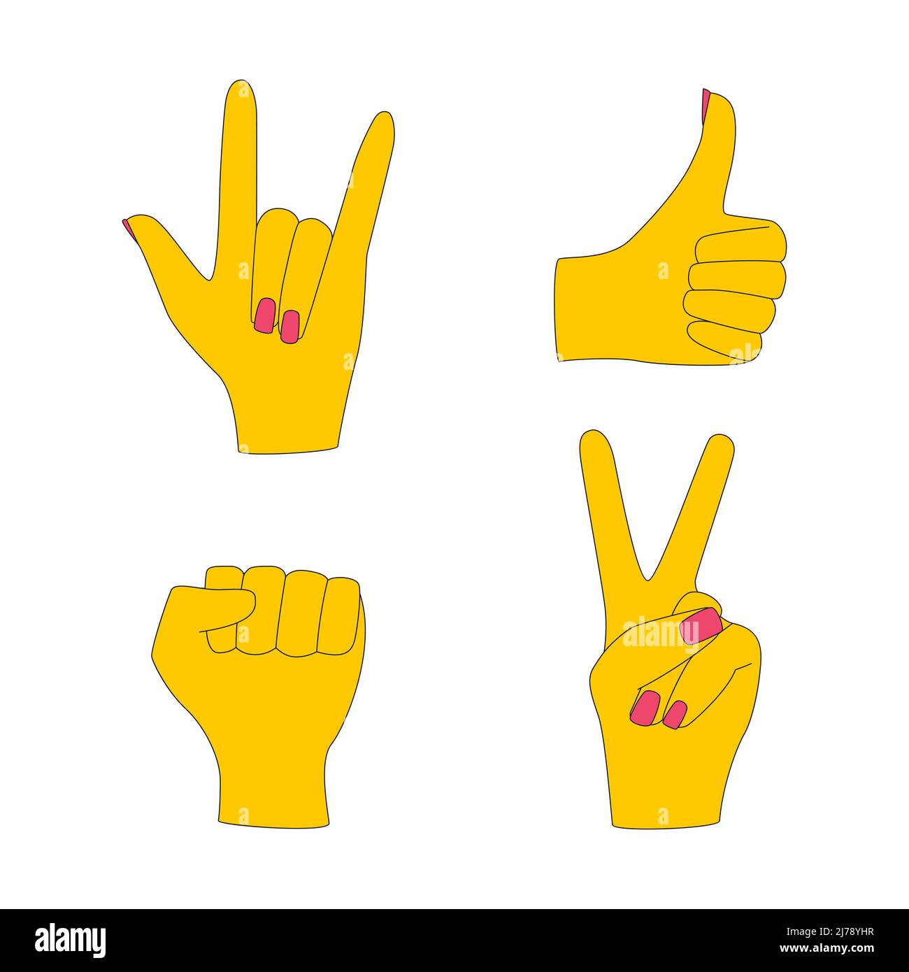 Hands depicting different gestures. Victory, goat, I love you, rock, like, clenched fist, thumbs up. Symbols of solidarity, support, approval. Color v Stock Vector