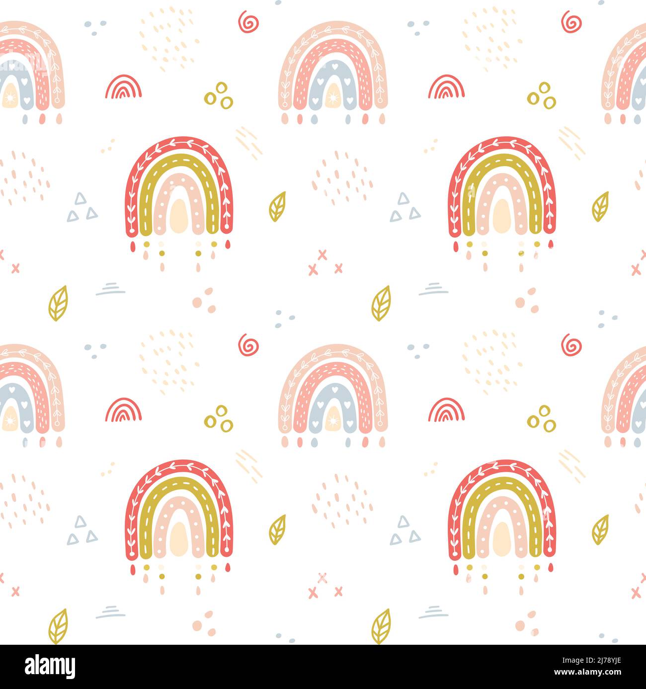 Seamless pattern with hand-drawn cute boho rainbows in pastel colors ...