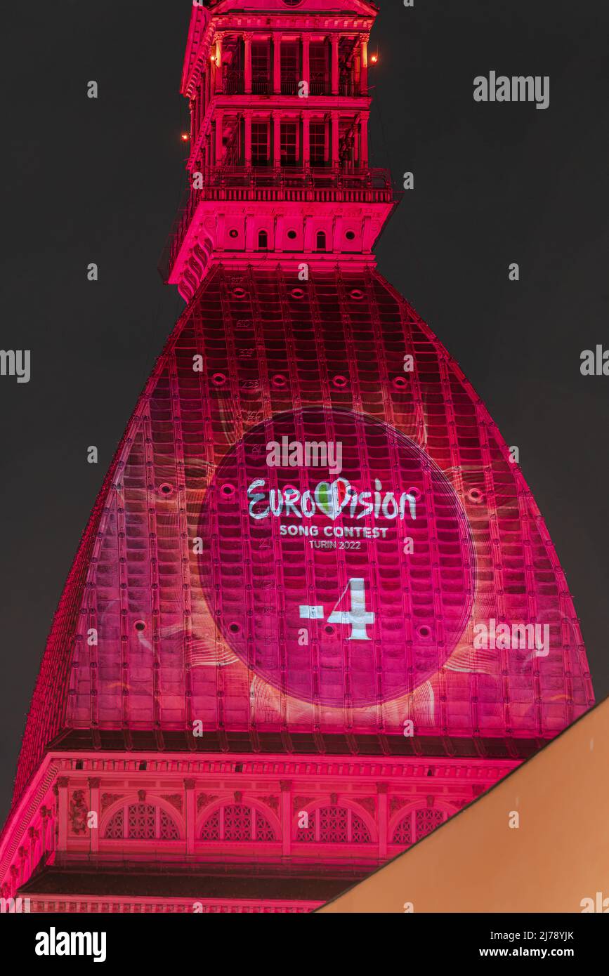 Eurovision Song Contest logo projected on the Mole Antonelliana. The 66th edition will be held in Turin. Turin, Italy - May 2022 Stock Photo