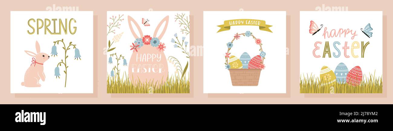 A set of Easter greeting cards in a cute cartoon style with handwritten inscriptions. Hand lettering, flowers, eggs, bunnies, basket with decorated eg Stock Vector