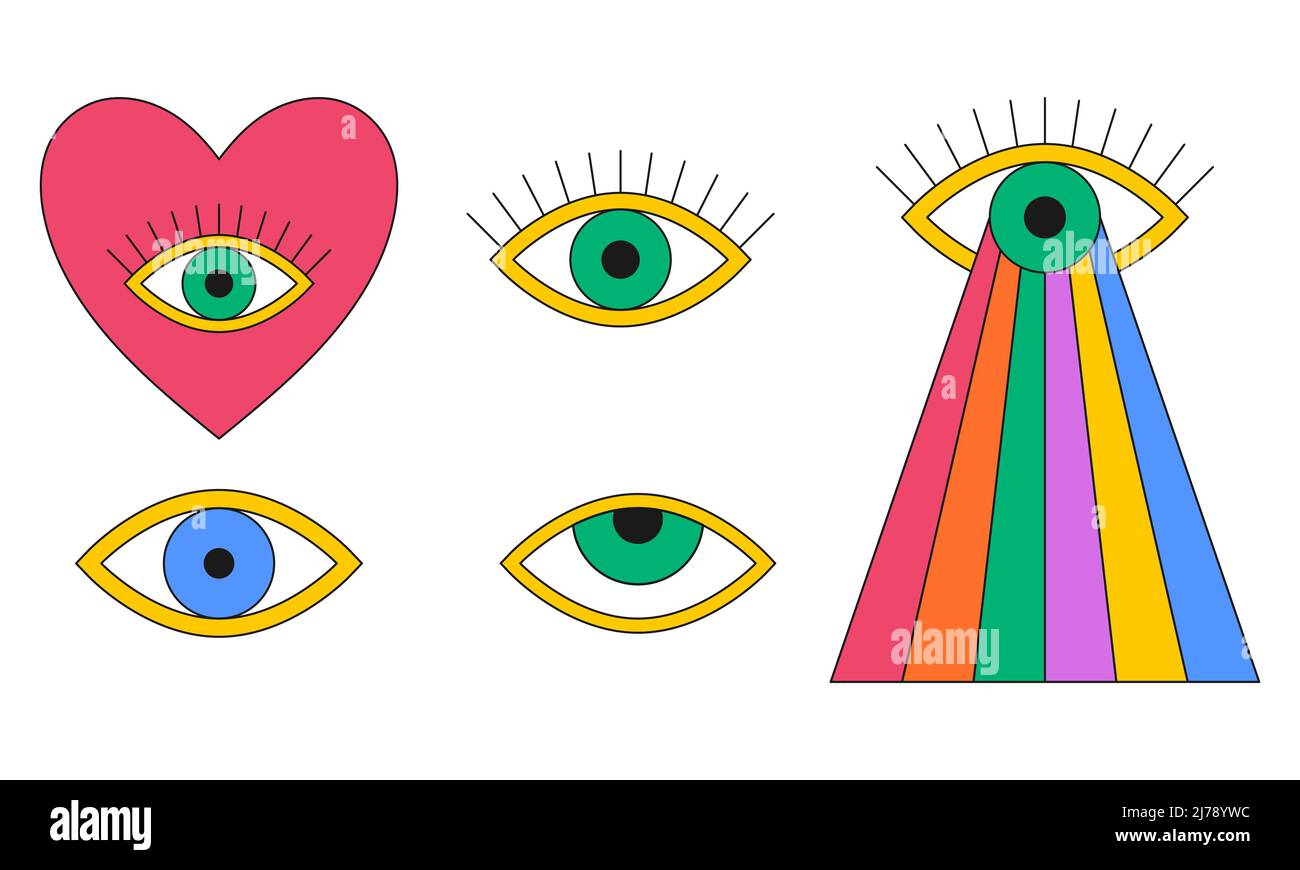A set with abstract eyes, with a heart, with a rainbow. Signs, symbols of the 80s, 90s. A color vector illustration with an outline, isolated on a whi Stock Vector