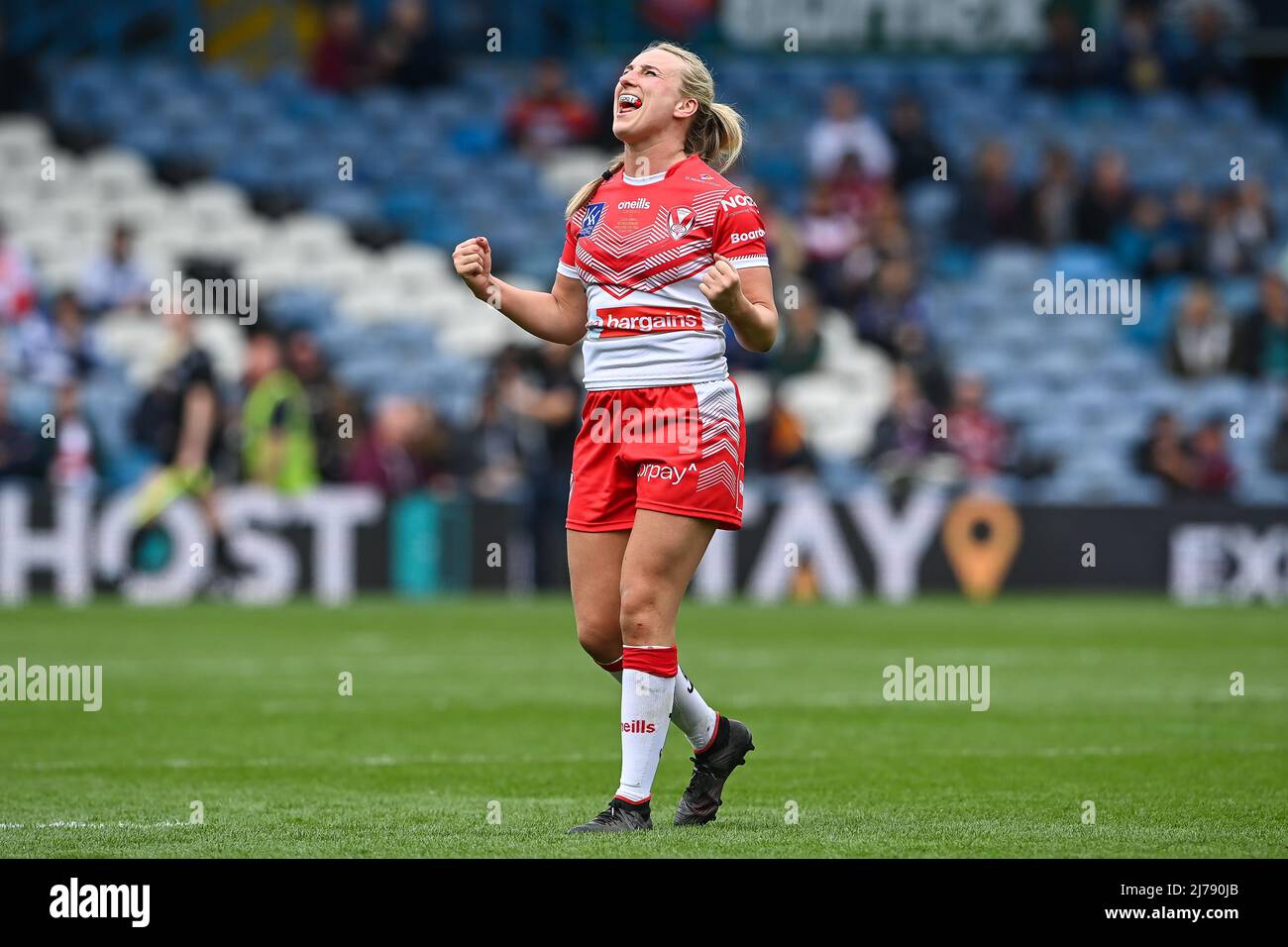 Jodie Cunningham of St. Helens celebrates her sides second trytry in