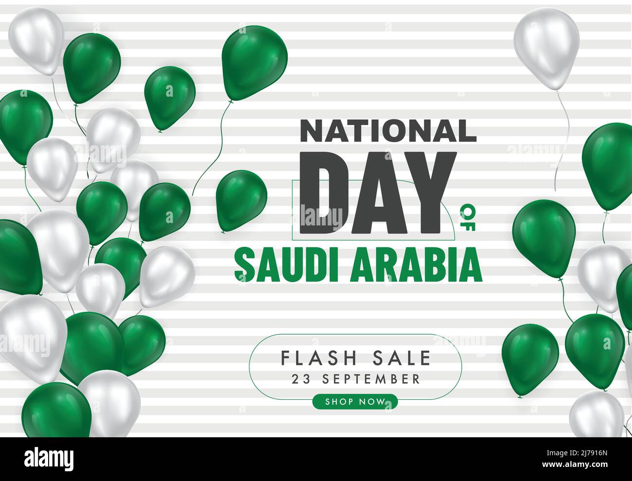 National Day of Saudi Arabia sale banner. 3d green and White realistic glossy balloons with text in the frame. Grey pattern background. Vector illustr Stock Vector