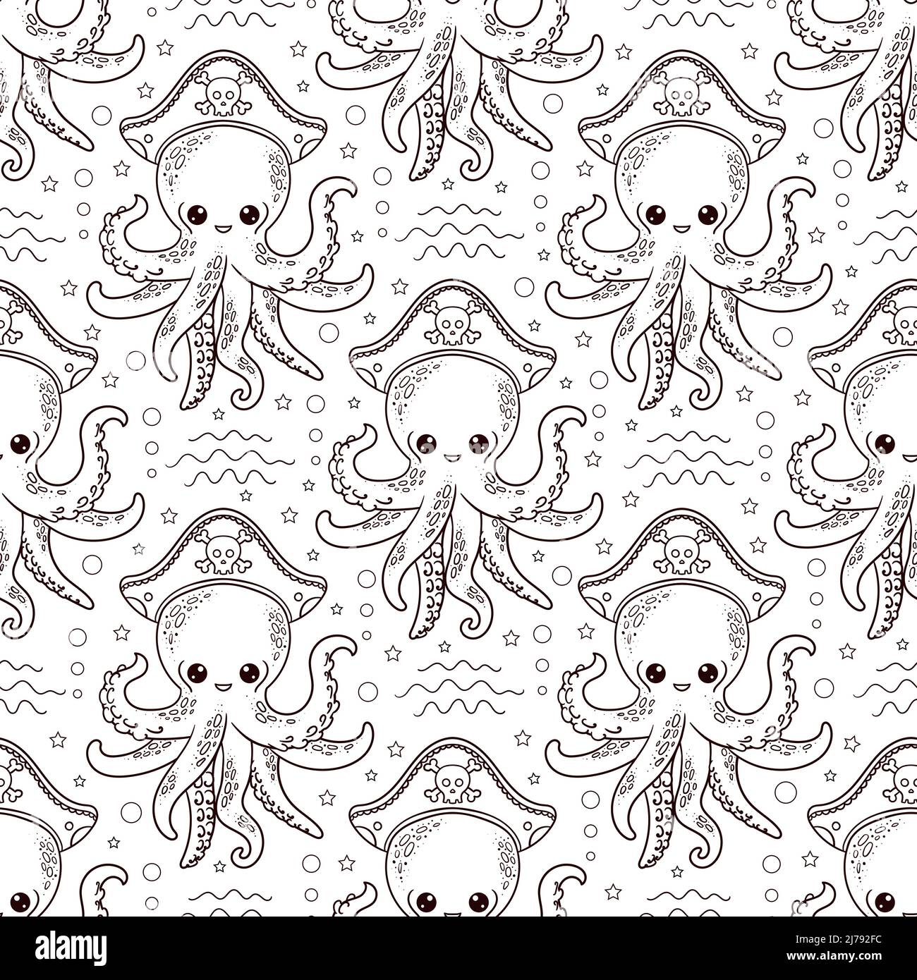 Seamless pattern with pirate octopus. Black and white. Vector Stock ...