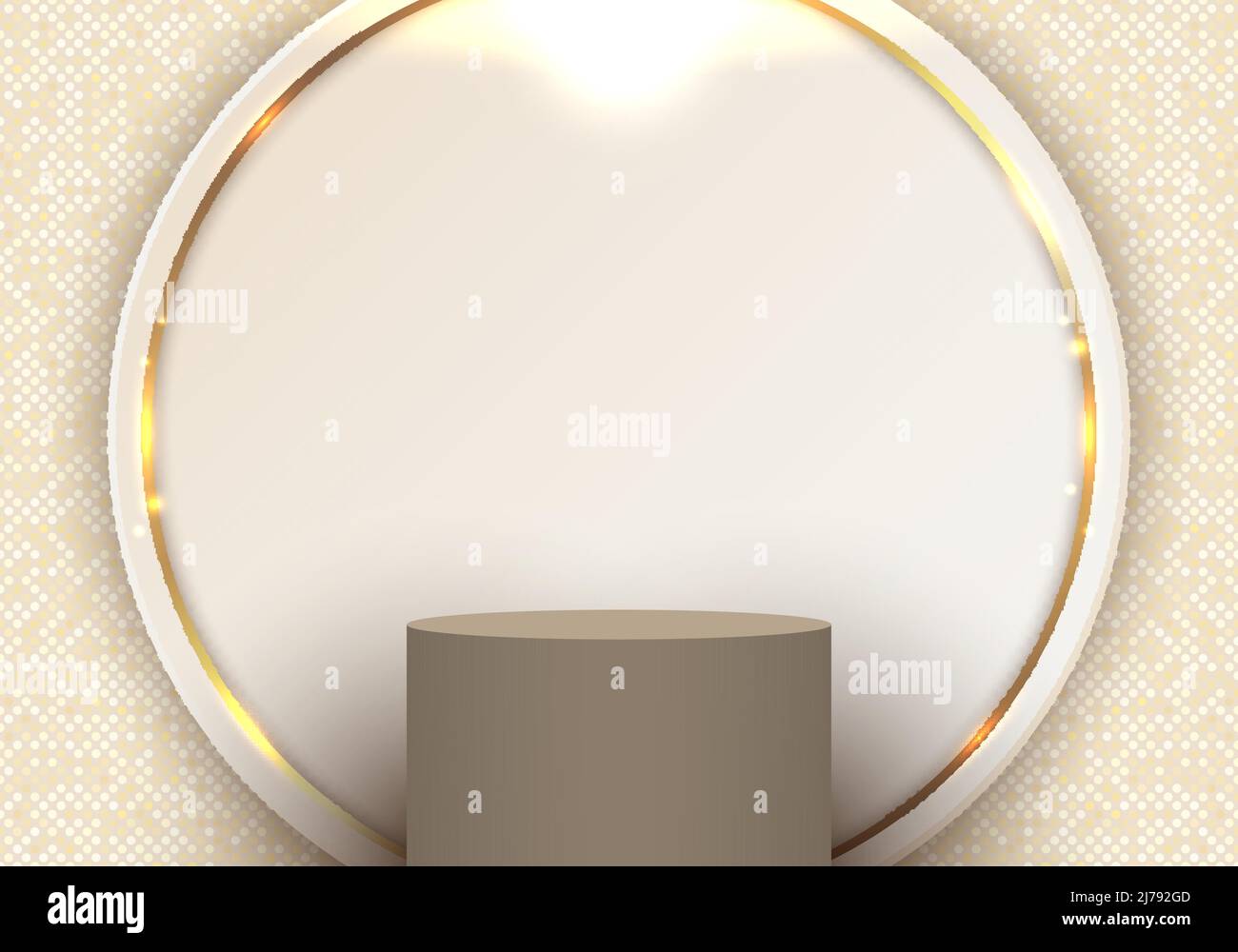 Abstract template elegant 3D brown cylinder podium golden circles backdrop with glow lighting effect on white background polka dot pattern. Luxury sty Stock Vector