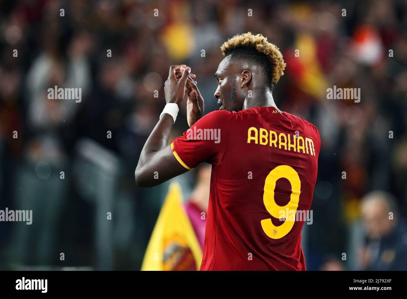Tammy Abraham of Roma greets during the UEFA Conference League, Semi-finals, 2nd leg football match between AS Roma and Leicester City on May 5, 2022 at Stadio Olimpico in Rome, Italy - Photo: Federico Proietti/DPPI/LiveMedia Stock Photo