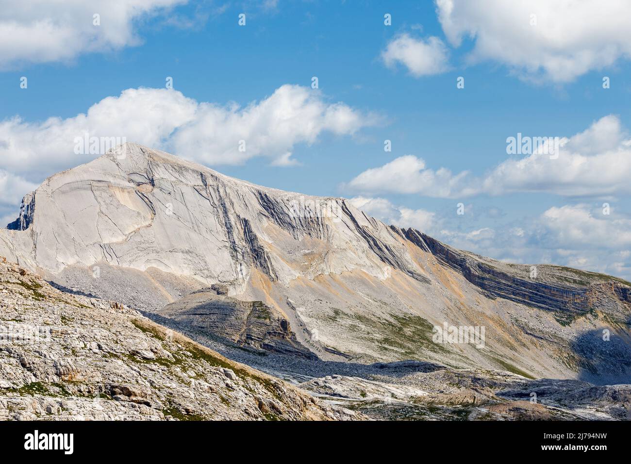 Sasso delle Nove mountain peak in the Fanes - Senes - Braies Natural Park. Sas dla Crusc massif. The Dolomites. Italian Alps. Europe. Stock Photo