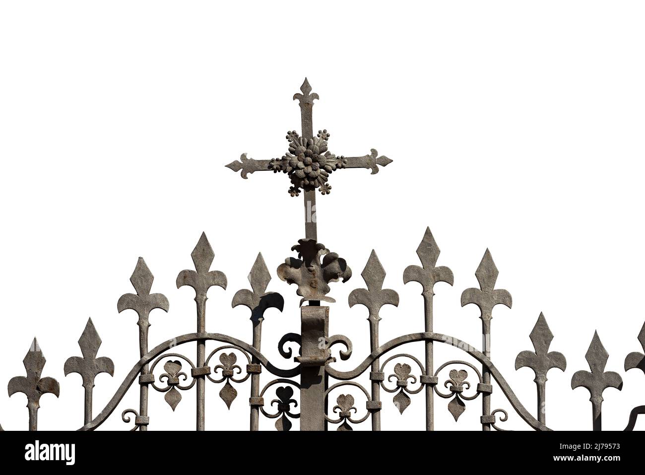 Wrought iron gate with a Religious Cross and sharp points isolated on white background and copy space. Brescia, Lombardy, Italy, Europe. Stock Photo