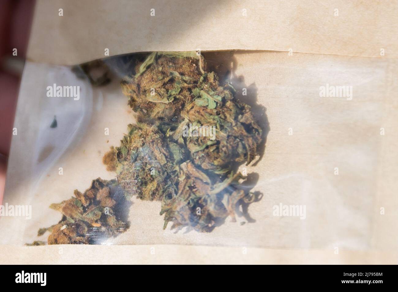 07 May 2022, Berlin: Cannabis flowers are seen in a bag at the Brandenburg Gate during the kick-off rally of a demonstration for the swift legalization of cannabis, the Global Marijuana March 2022. Photo: Christoph Soeder/dpa Stock Photo