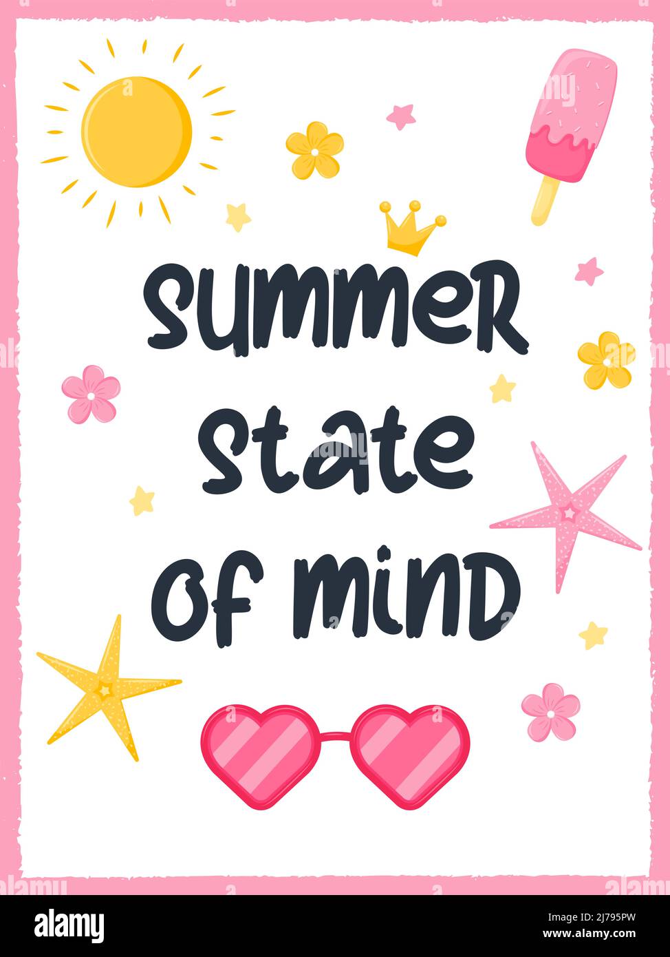 Summer rectangular card with sunglasses, starfish, sun and flowers. Seasonal element. A framed postcard with the words Summer state of mind. Vector il Stock Vector