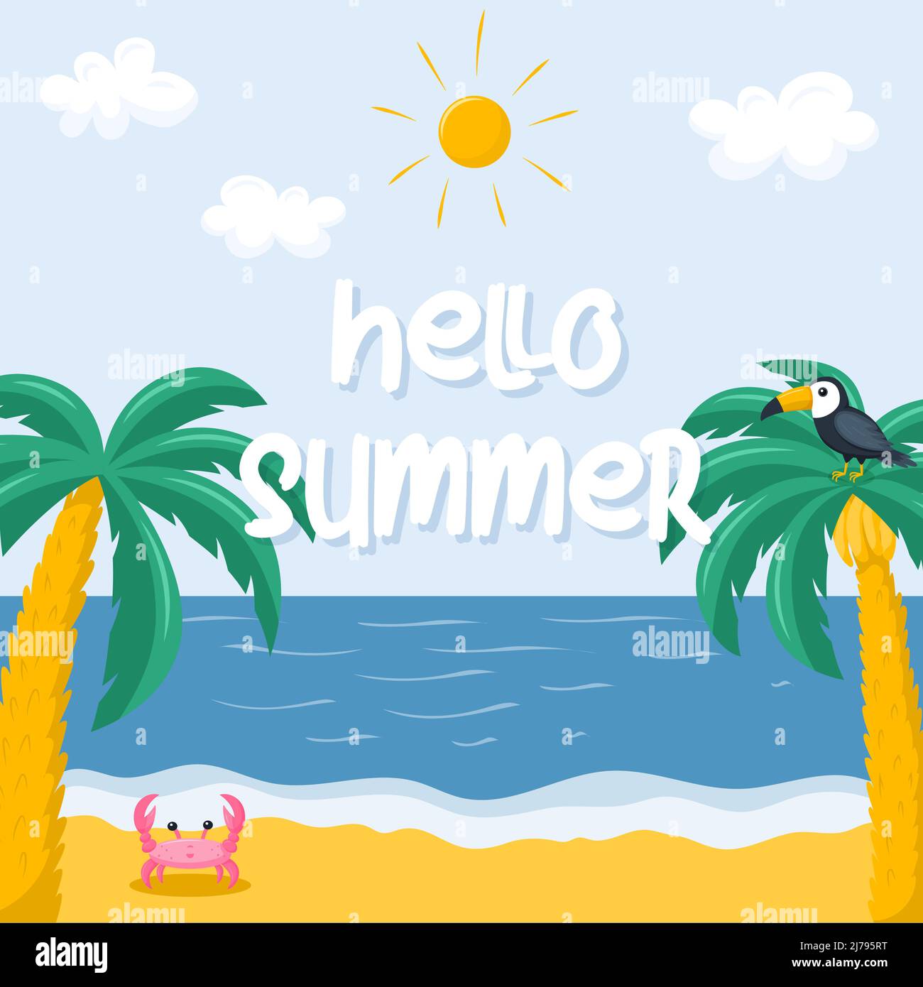 Summer postcard with seascape, palm trees, beach and toucan and crab. Square card Hello summer. Template for media and web. Vector illustration in a f Stock Vector