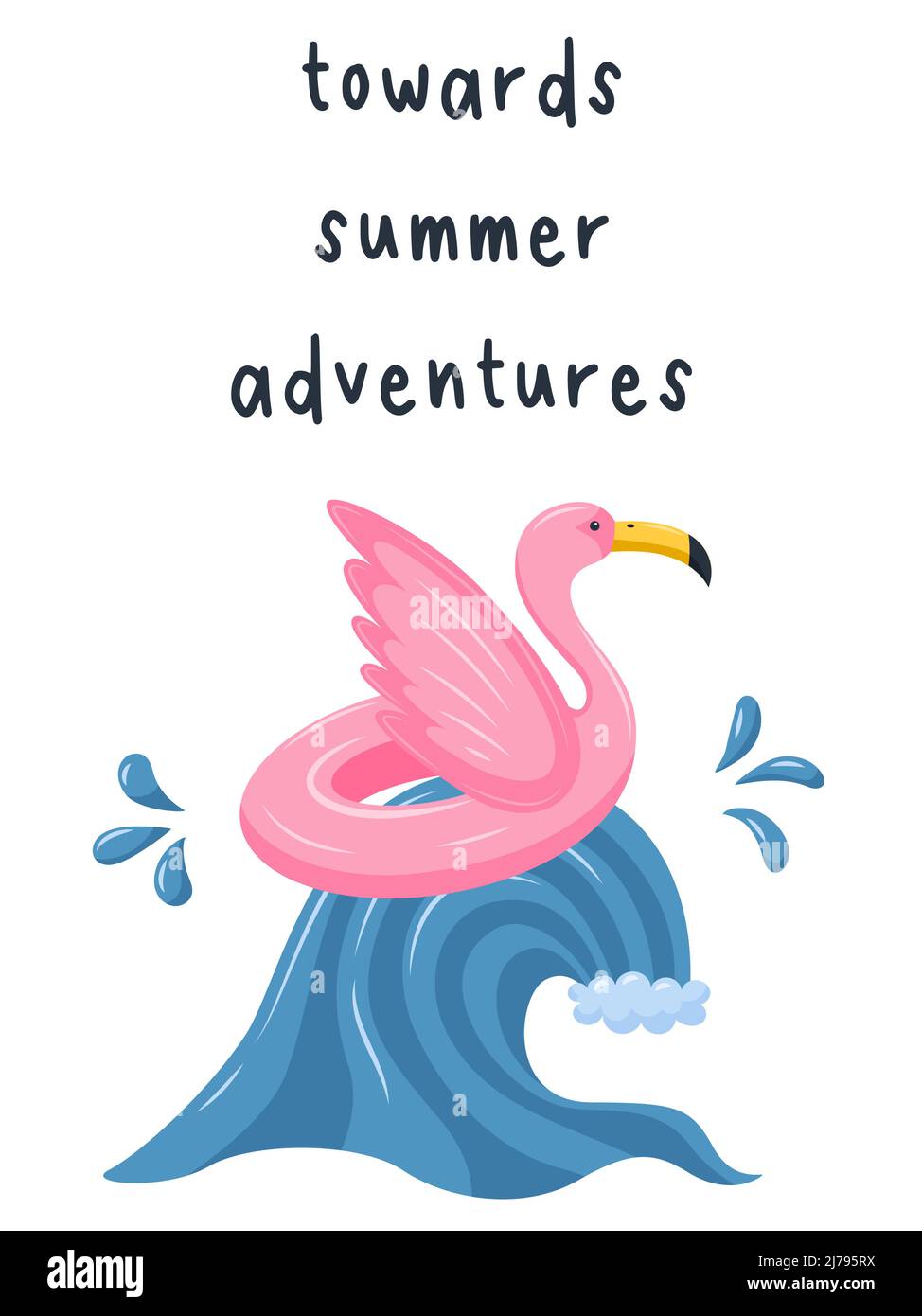 Cute pink flamingo in the form of a lifebuoy, rushing on a sea wave towards summer adventures. Summer card or print for clothes. Vector illustration i Stock Vector