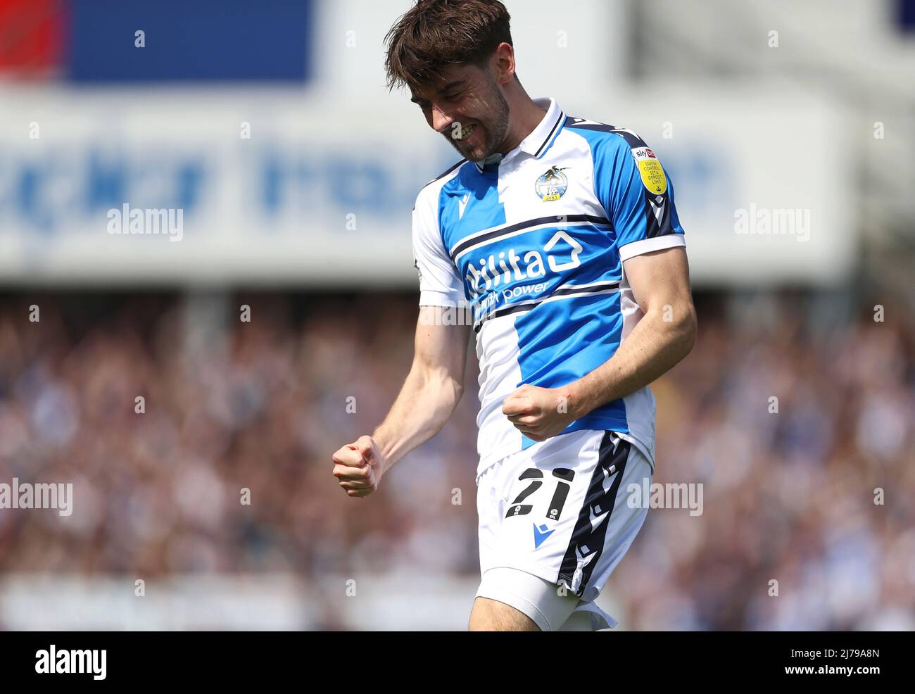 Bristol Rovers' Anthony Evans celebrates their side's first goal of the game, an own goal scored by Scunthorpe United's Oliver Lobley (not pictured) during the Sky Bet League Two match at the Memorial Stadium, Bristol. Picture date: Saturday May 7, 2022. Stock Photo