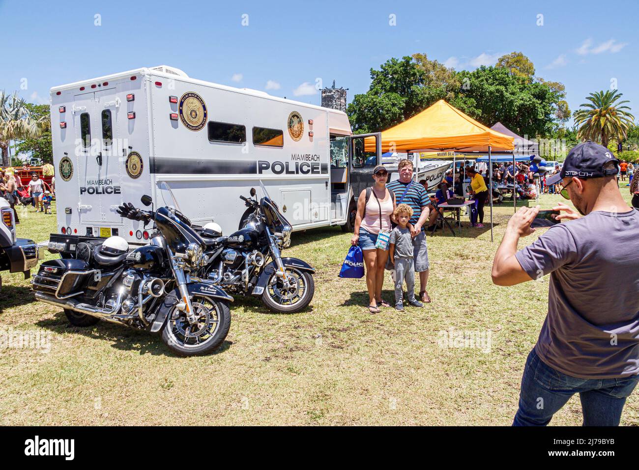 Miami Beach Florida Annual Miami Beach Police Block Party family free event Flamingo Park motorcycles hostage negotiation team van vehicle Stock Photo