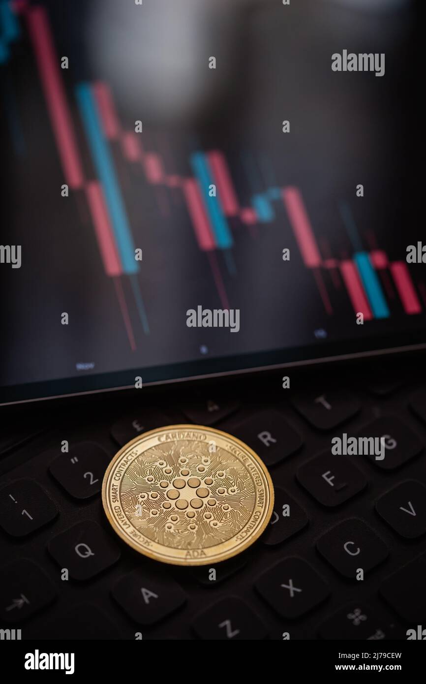 Golden Cardano (ADA) cryptocurrency coin with candle stick graph chart ...