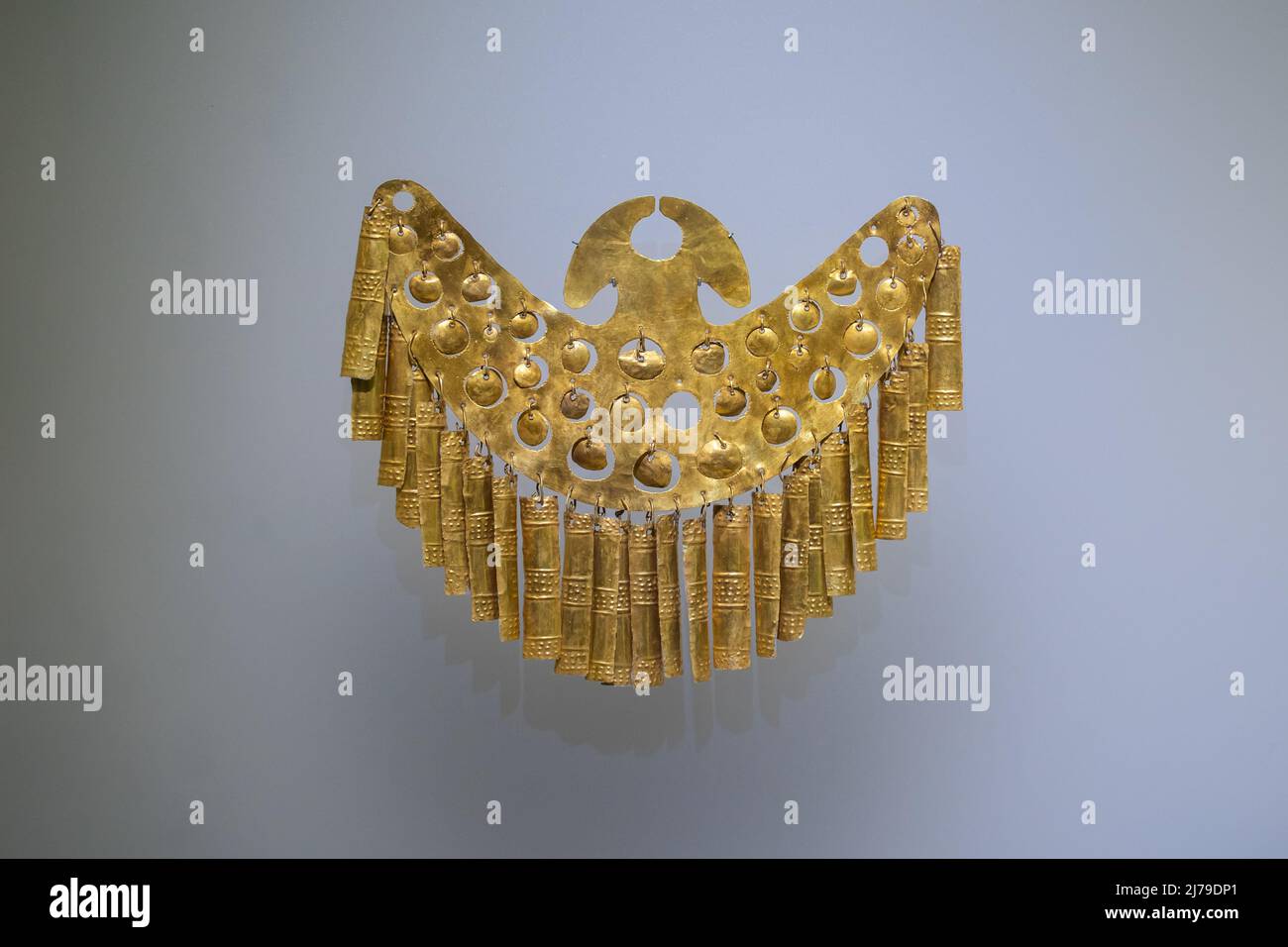 Bogota, Colombia, gold museum, May 5, 2022. A pre-Columbian artifact, a beautiful nose ornament. Stock Photo
