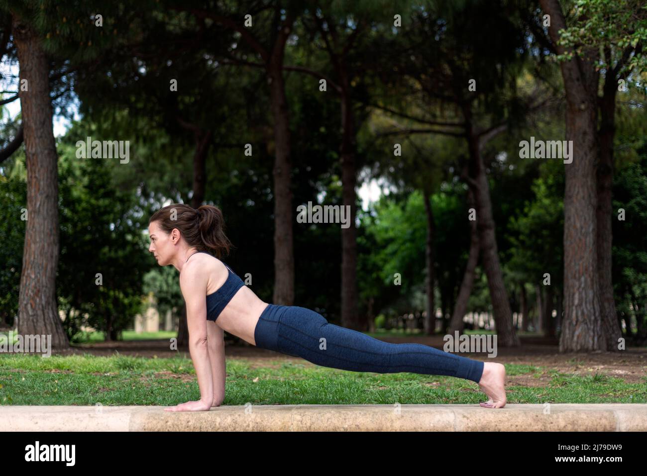Woman doing press ups in the park, physical exercise outside. Stock Photo