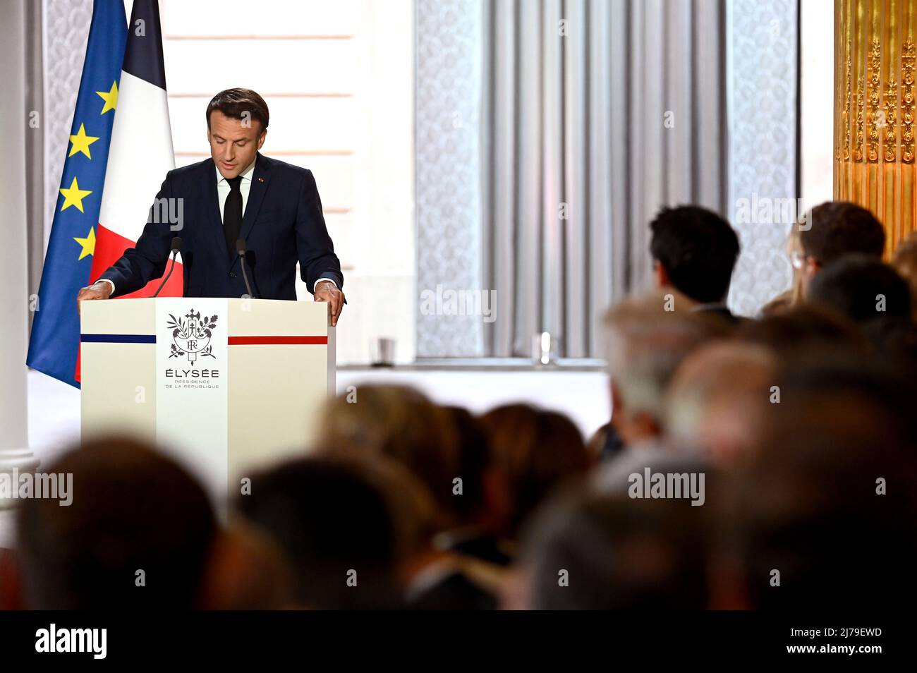 Paris, France. 7th May, 2022. France's President Emmanuel Macron addresses the investiture ceremony at the Elysee Palace, in Paris, France, May 7, 2022. Credit: Xinhua/Alamy Live News Stock Photo