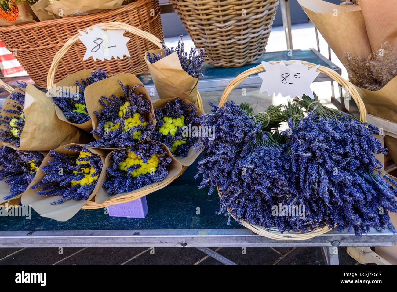 Nizza, Altstadt, Vieux Ville, Cours Saleya, Blumenmarkt, Lavendel // Nice, Historic Center, Vieux Ville, Cours Saleya, Flower Market, Lavender Stock Photo