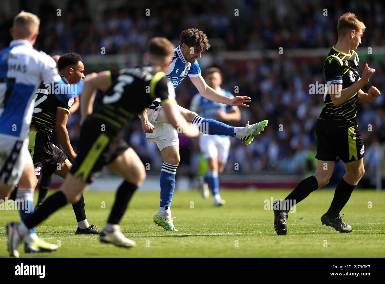 Bristol Rovers' Anthony Evans (centre) scores their side's fourth goal of the game during the Sky Bet League Two match at the Memorial Stadium, Bristol. Picture date: Saturday May 7, 2022. Stock Photo