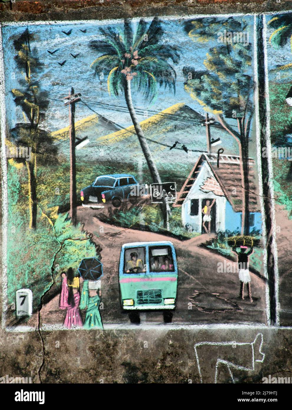 Wall painting of street view at Kochi state Kerala India 02 04 2010