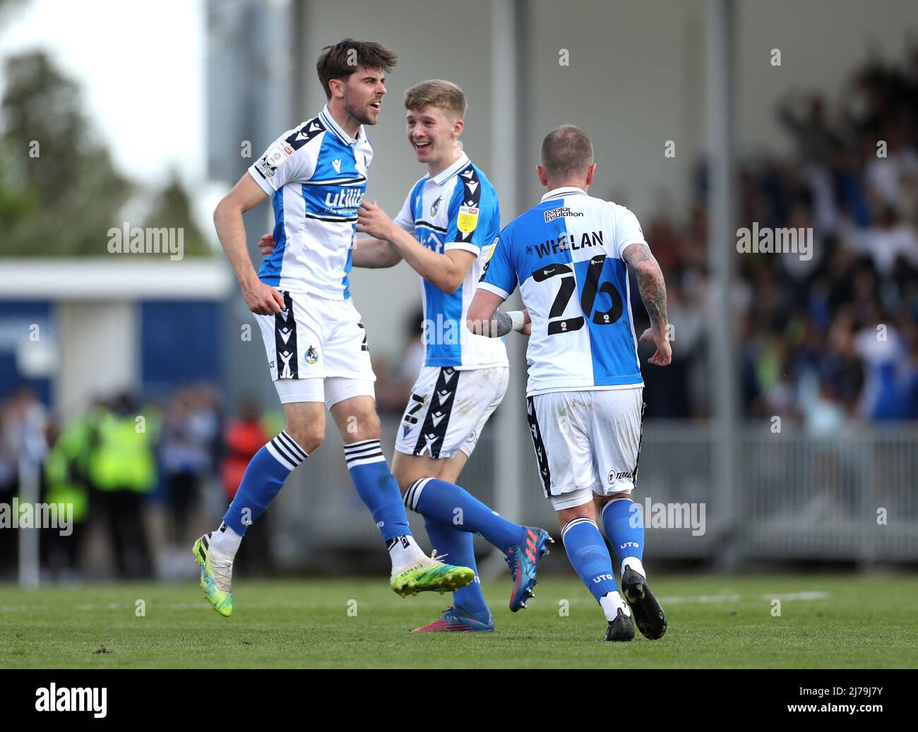 Bristol Rovers' Anthony Evans (left) celebrates scoring their side's fifth goal of the game during the Sky Bet League Two match at the Memorial Stadium, Bristol. Picture date: Saturday May 7, 2022. Stock Photo