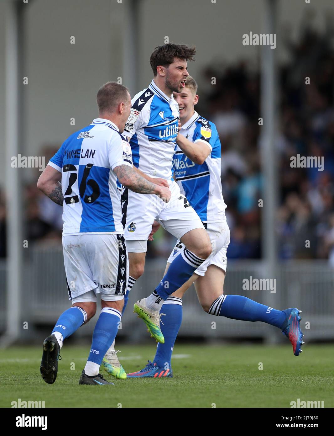 Bristol Rovers' Anthony Evans (centre) celebrates scoring their side's fifth goal of the game during the Sky Bet League Two match at the Memorial Stadium, Bristol. Picture date: Saturday May 7, 2022. Stock Photo