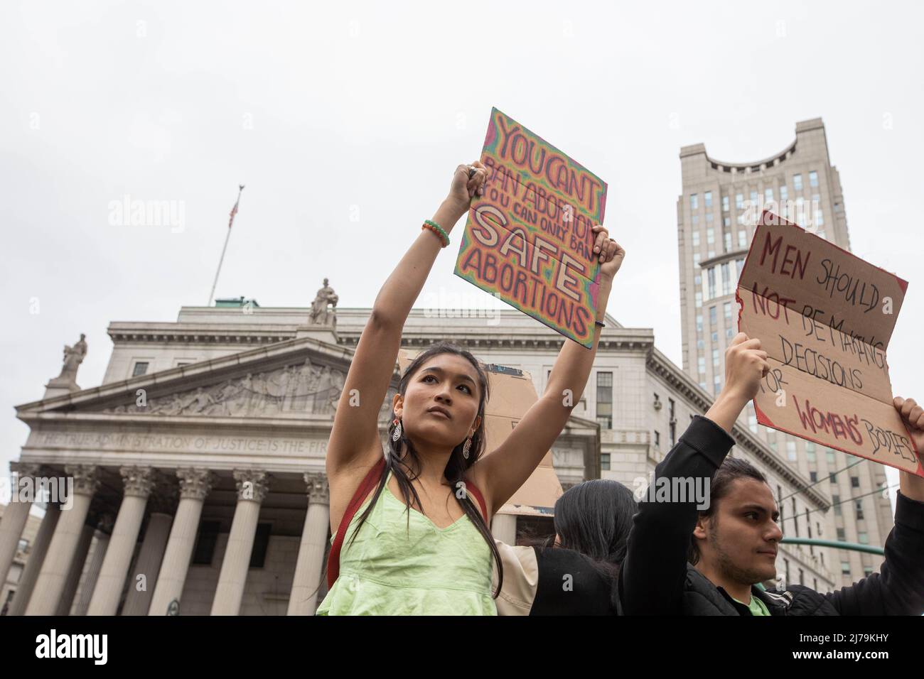New York, New York, May 3, 2022, Demonstrators rally in Foley Square to protest the potential rollback of Roe v. Wade after a draft opinion to strike Stock Photo