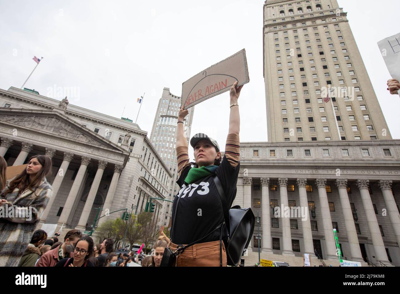 New York, New York, May 3, 2022, Demonstrators rally in Foley Square to protest the potential rollback of Roe v. Wade after a draft opinion to strike Stock Photo