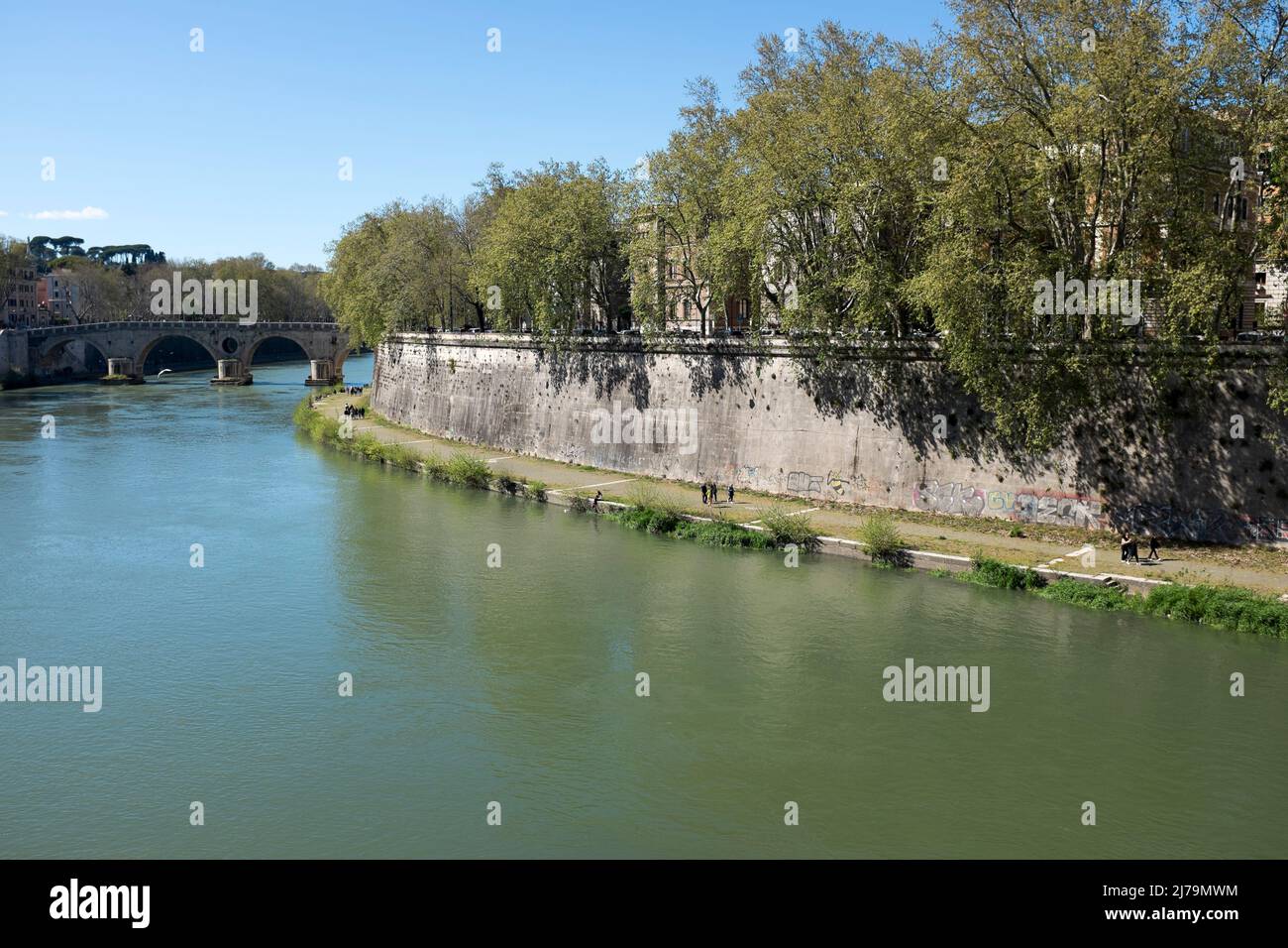 Riverside Walkway seen from Ponte Garibaldi Tiber River Rome Italy Stock Photo