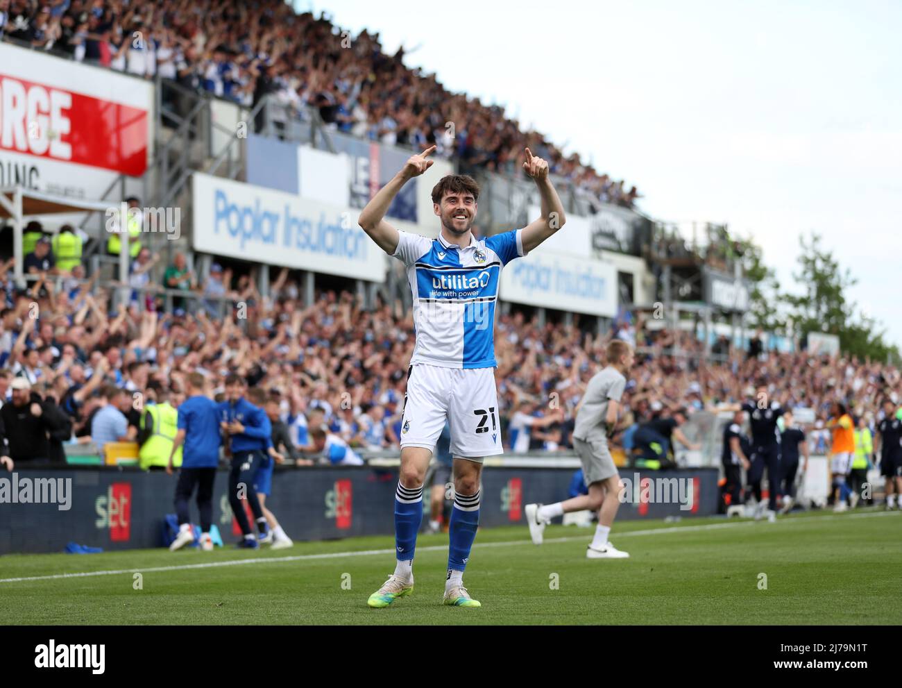 Bristol Rovers' Anthony Evans celebrates following his side's seventh goal during the Sky Bet League Two match at the Memorial Stadium, Bristol. Picture date: Saturday May 7, 2022. Stock Photo