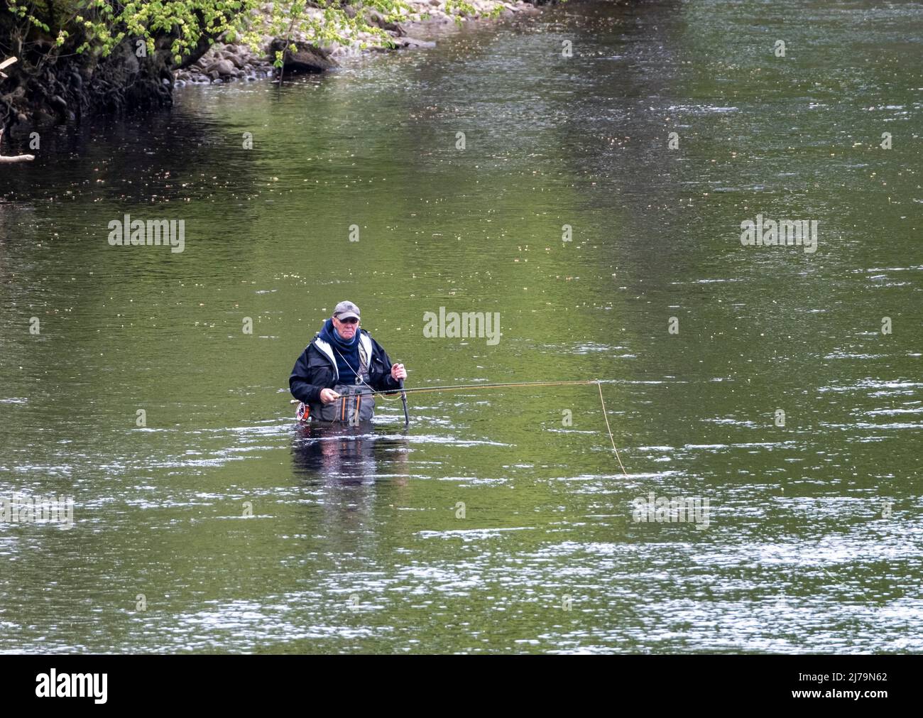Fisherman standing in the River Tummel at Pitlochry, Perthshire, Scotland. Stock Photo
