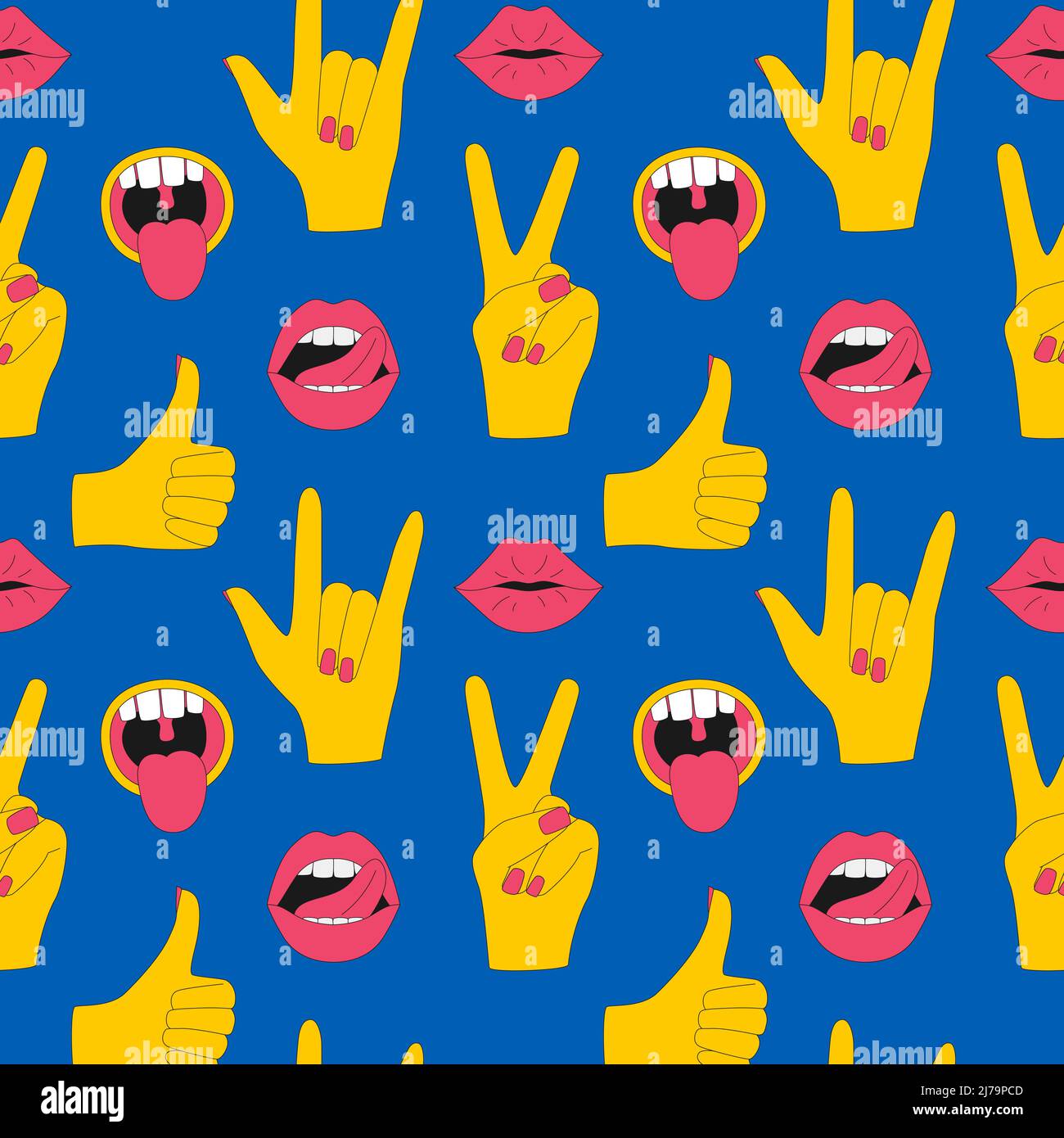 Seamless pattern with lips with tongue sticking out, gestures I love you, victory, okay. Elements with a stroke. Great for textiles, packaging paper. Stock Vector