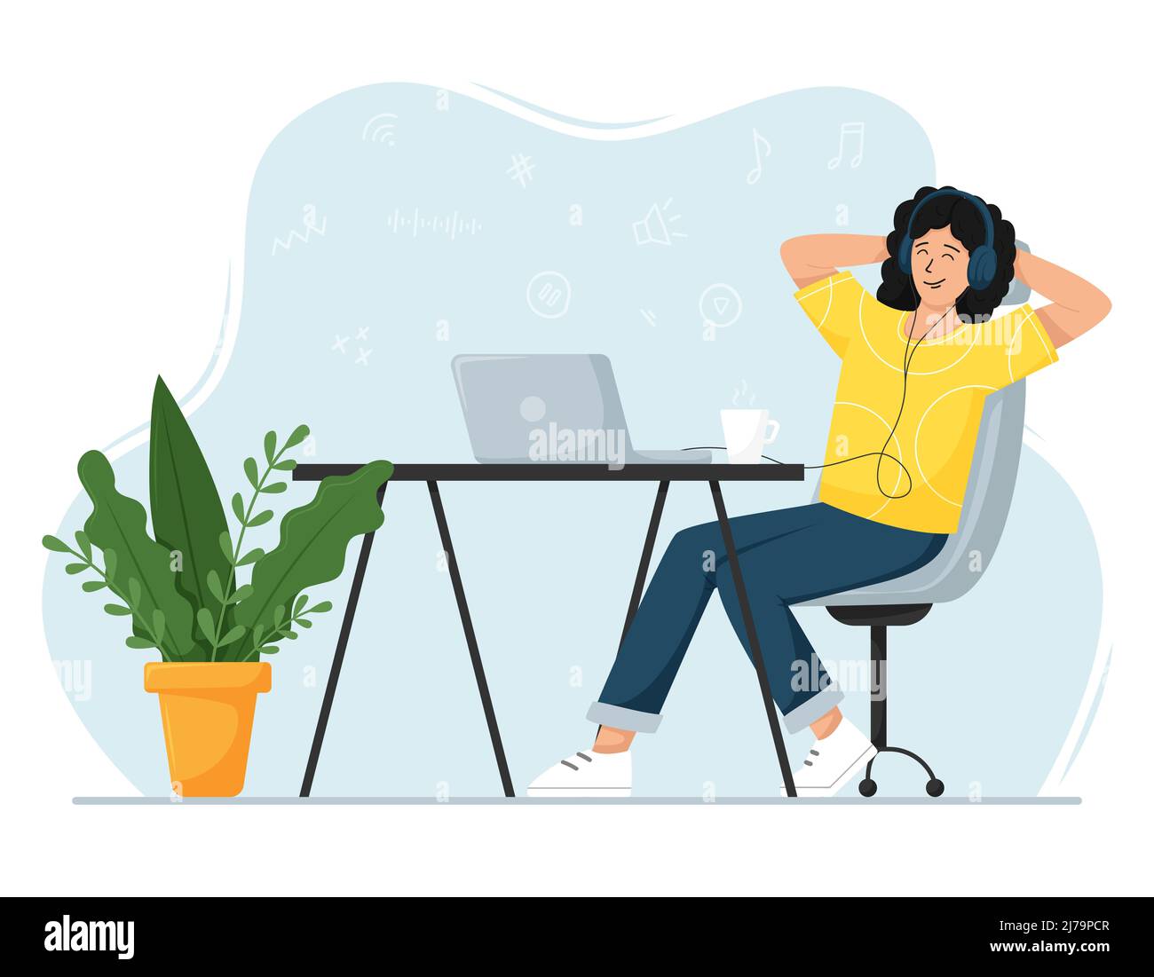 A young girl is sitting in a chair and enjoying listening to music or a podcast with headphones. The concept of podcast, blogging. Vector flat cartoon Stock Vector