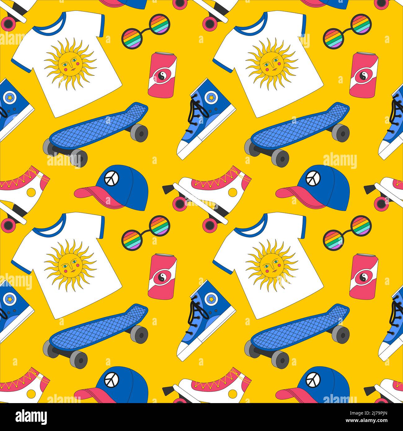 Seamless pattern with retro, vintage. Sneakers, roller skates, cap, skateboard, T-shirt. Symbols of the 90s. Great for textiles and wrapping paper. Co Stock Vector