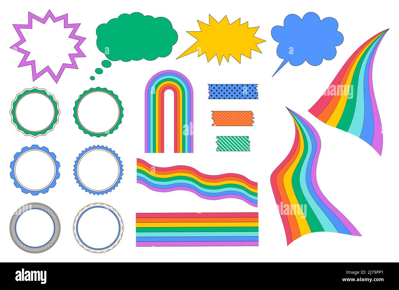 A set of decorative elements with a stroke, wavy rainbows, patterned tape, frames, a speech bubble, a thought cloud. Bright colored vector illustratio Stock Vector