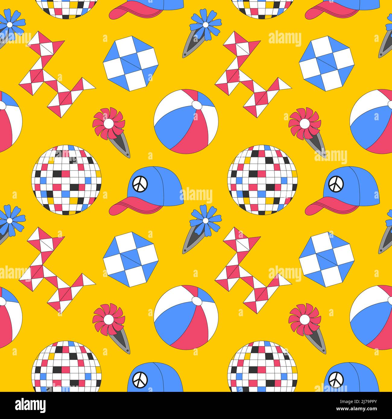 Seamless pattern with retro, vintage elements. Ball, puzzle, disco ball. Symbols of the 90s
