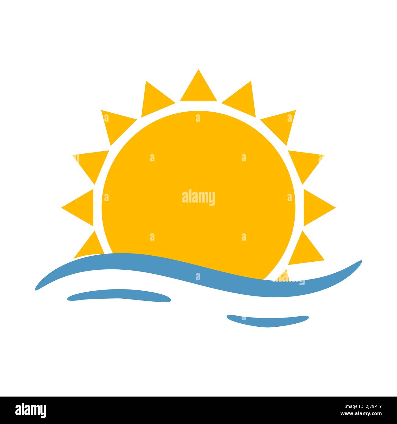 A simple sun with sea waves. Abstract sun with triangle rays. A symbol of summer, weather. Logo, simple vector illustration in a flat cartoon style is Stock Vector