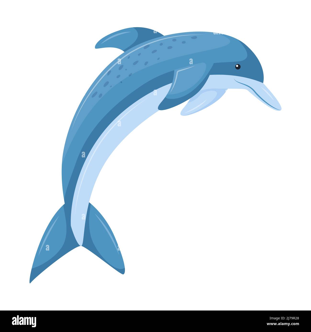 A blue dolphin jumping out of the water. Cute character, aquatic animal. Vector illustration in a flat cartoon style isolated on a white background Stock Vector