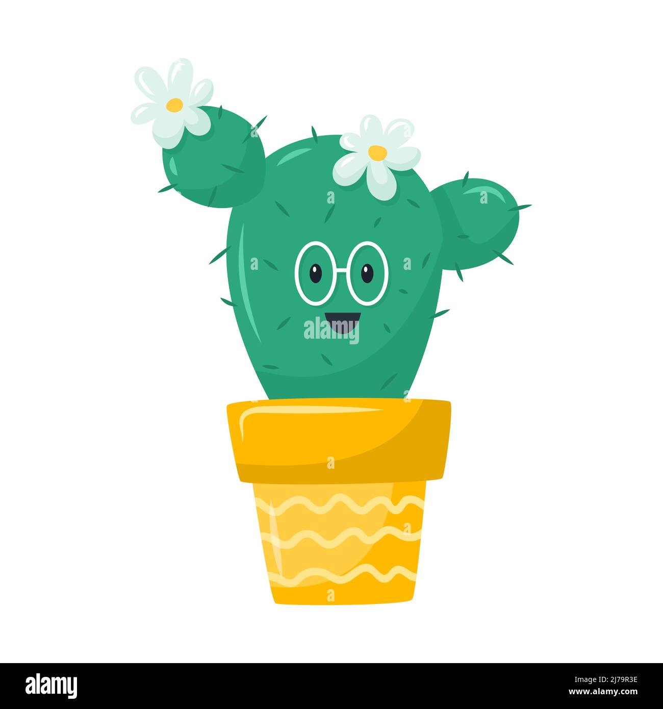 Cute happy cactus in pot, succulent with glasses. A houseplant wth flowers. Adorable botanical character. Vector illustration in a flat cartoon style Stock Vector