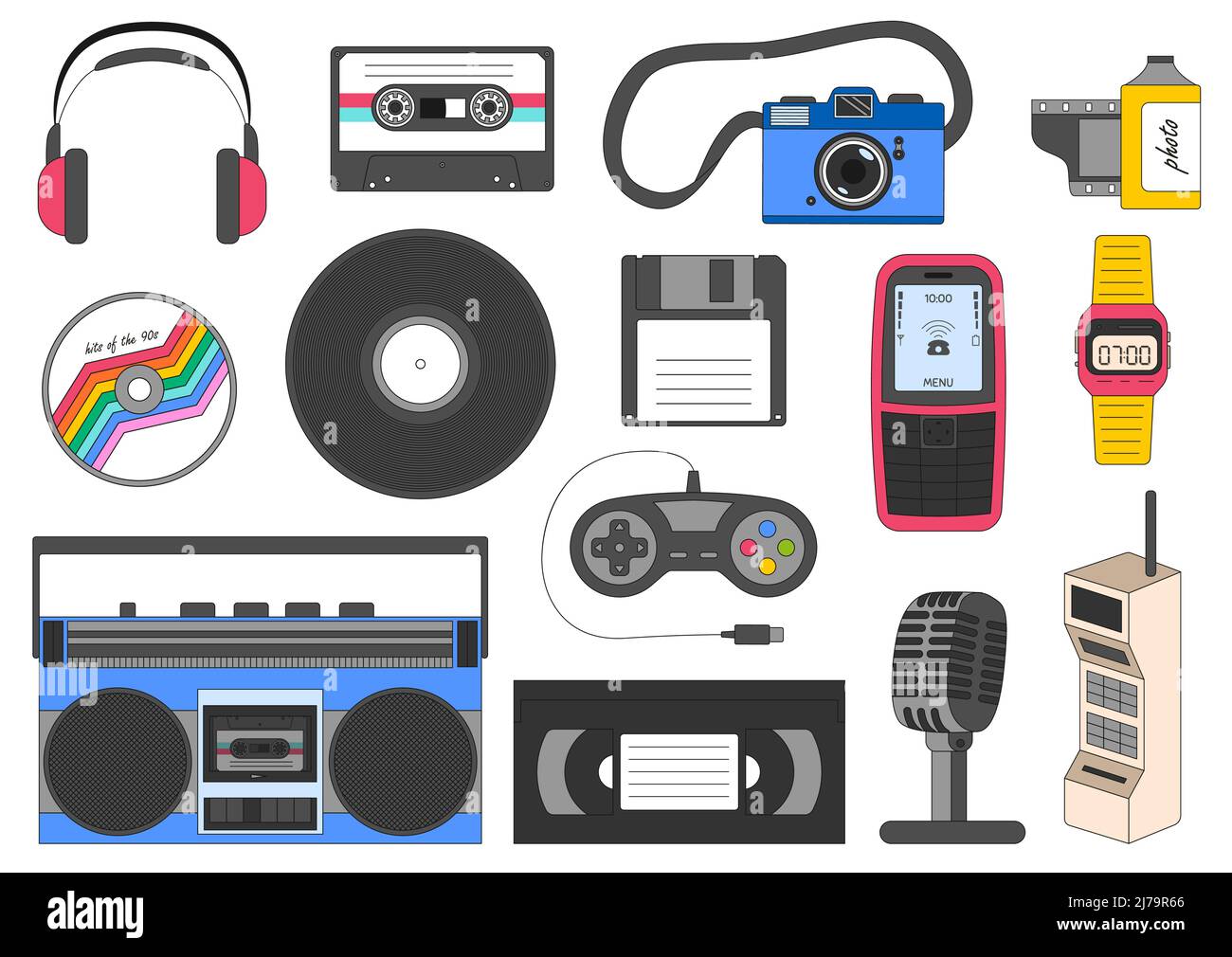 A set of retro electronic devices. Technology, symbols of the 90s. Boombox, vinyl, camera, floppy disk. Nostalgia for the 90s. Bright colored vector i Stock Vector