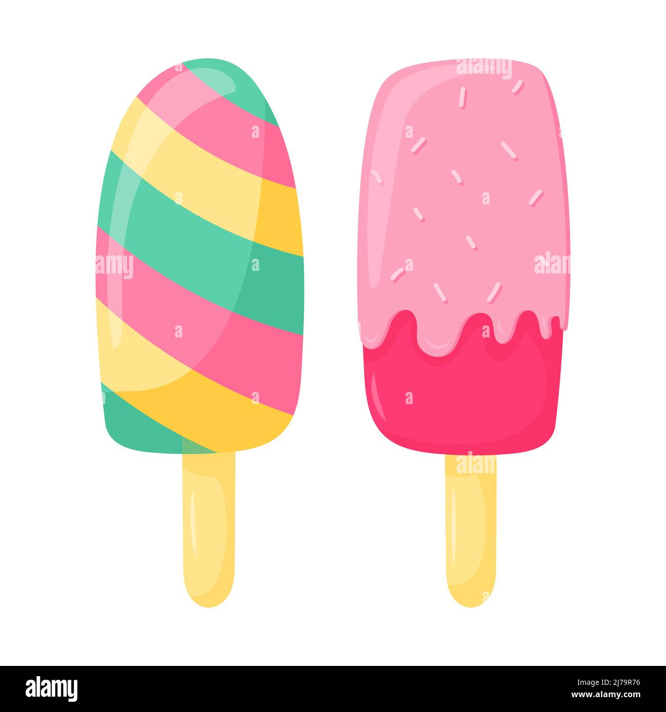 Popsicle on a stick, striped fruit ice and classic with icing and sprinkling. Sweet food, dessert, a symbol of summer. Vector illustration in a flat c Stock Vector Image & Art - Popsicle on a stick, striped fruit ice and classic with icing and sprinkling. Sweet food, dessert, a symbol of summer. Vector illustration in a flat c Stock Vector Image & Art -