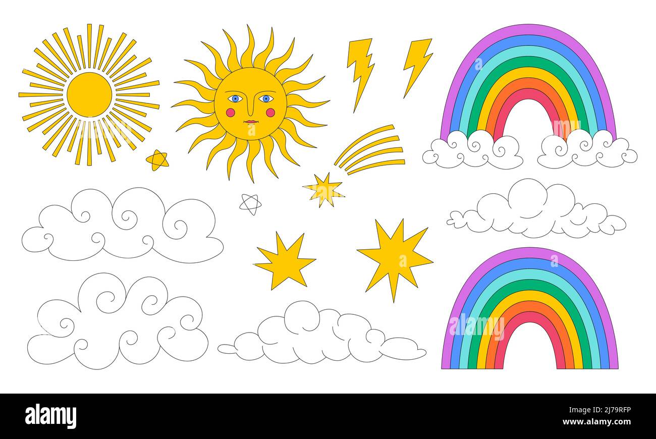 A set of natural elements in retro style with a stroke. Sun with face and eyes, vintage clouds, rainbow, lightning, stars. Bright colored vector illus Stock Vector