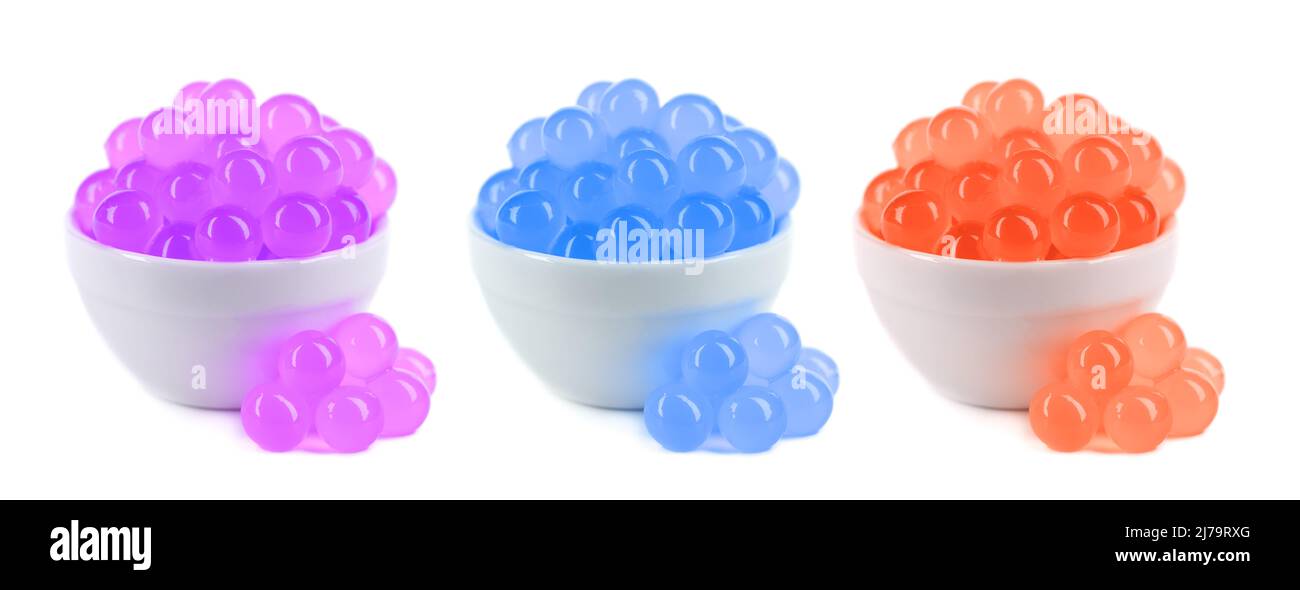 Tapioca pearls for bubble tea isolated on white background. Mix tapioca