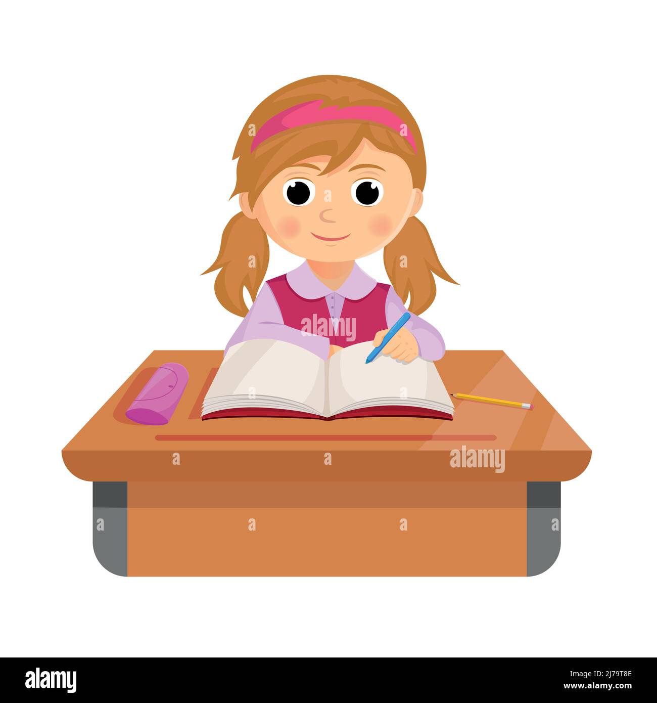 The schoolgirl does her homework while sitting at her desk. The girl writes in a notebook with a ballpoint pen. Stock Vector