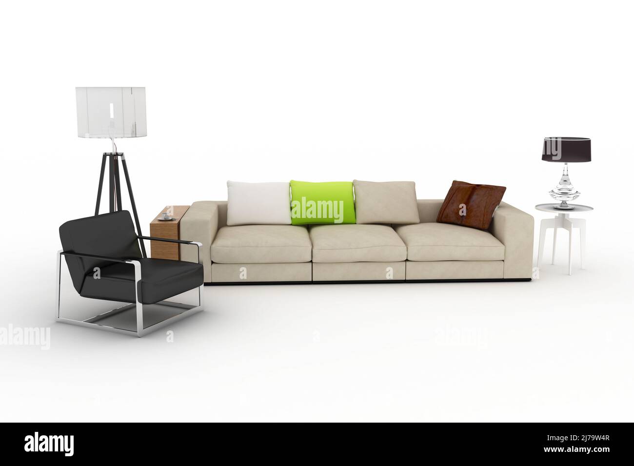 Miniature living room with sofa, floor lamp, armchair. 3D rendering. Stock Photo