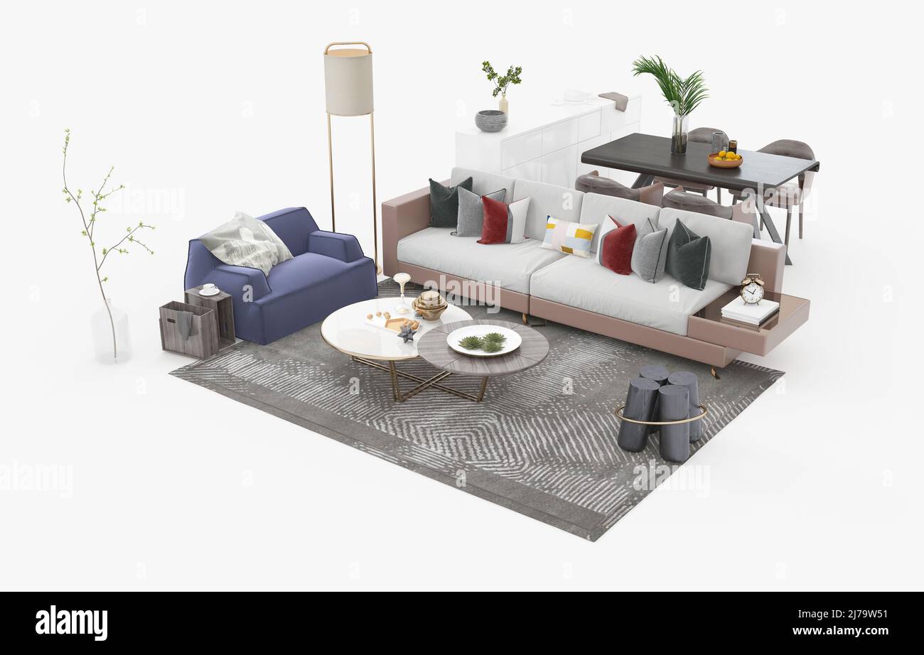 Living room furniture set. 3D rendering. Stock Photo