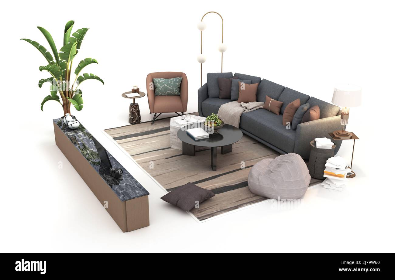 Modern minimalist living room on white background. 3D rendering. Stock Photo