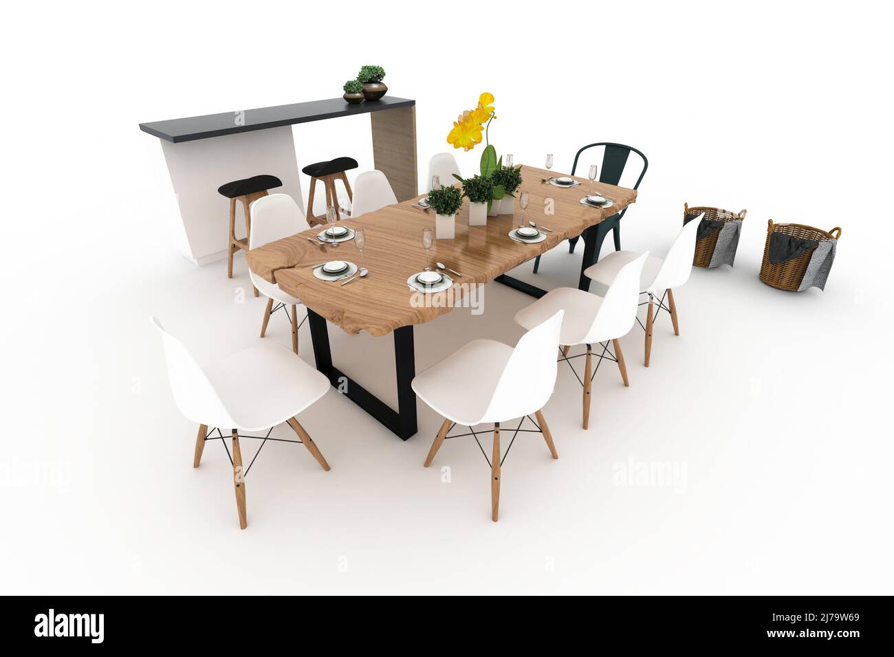 Plastic dining chairs and wooden dining table. 3D rendering Stock Photo